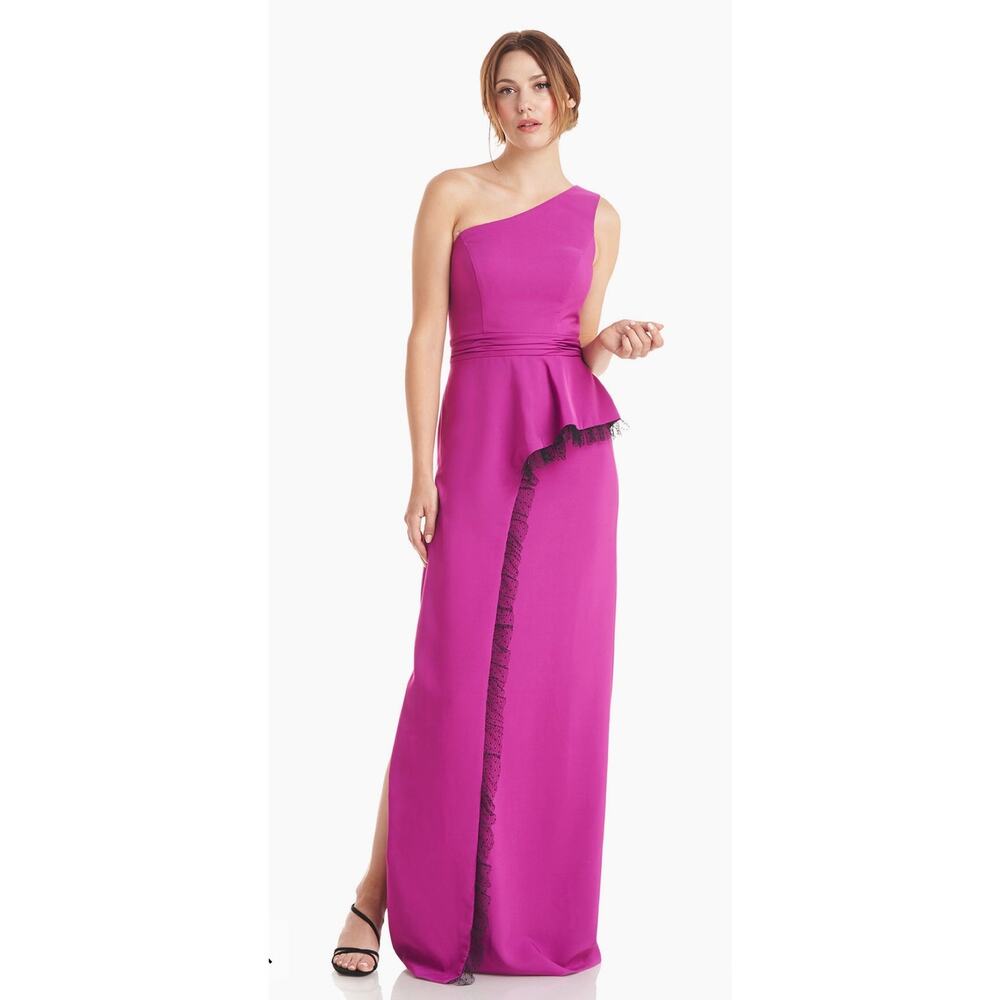 JS Collections Magenta One‎ Shoulder Peplum Lace Trim Gown Pink Size 2 NEW